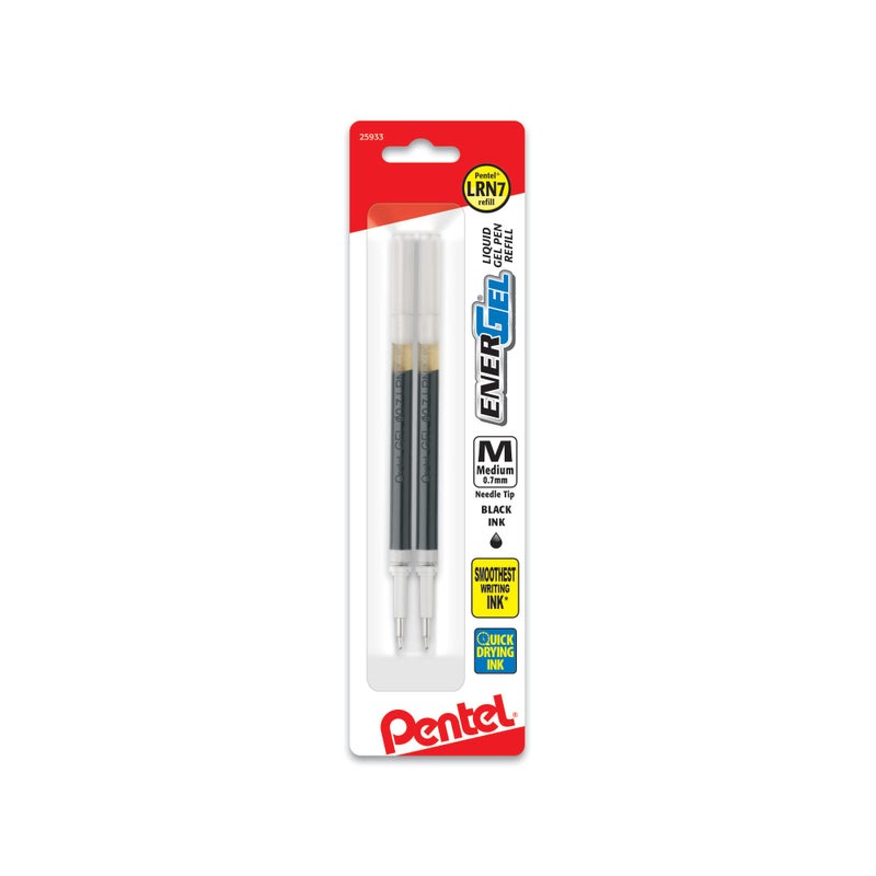 Pentel Refill Ink, For ENER-GEL & Lancelot Gel Pen, 0.7mm Needle Tip, Medium, Black Ink, Pack of 2 (LRN7BP2A)